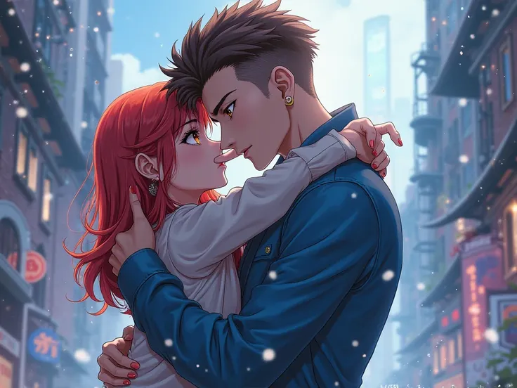 anime fantasy male character with brown undercut modern hairstyle with blue coat and and in his arms a red-haired teen girl. what her hand holds in front of her mouth with red nail polish