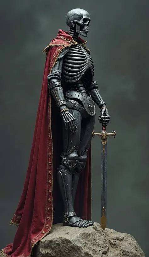 A towering skeletal warrior stands proudly on the edge of a large rock, viewed from the side. He wears a dark iron armor, adorned with golden accents along the edges, covering his entire body. The armor is shaped and contoured around the skeleton but does ...