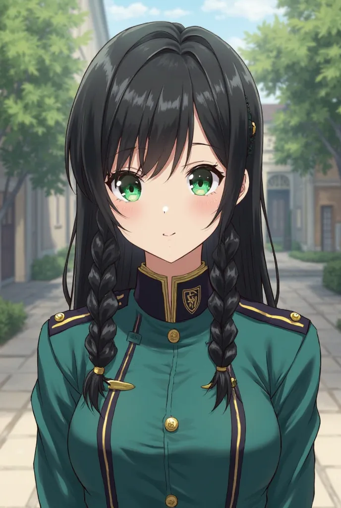 female with bright green eyes and black hair wearing a teal and black uniform like for a royal academy with a black uniform jacket with white trim, her hair has braids in it. Her build is small but fit, and make the style manwha drawing based and the backg...