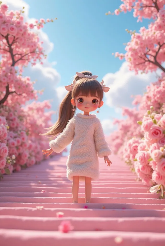 A female character in highly detailed 3D style with a full body , inspired by the Disney aesthetic /Pixar.  She has long brown hair,  tied in an elegant ponytail , with small headbands with a decorative bow. Her big, bright eyes convey delicacy and sympath...