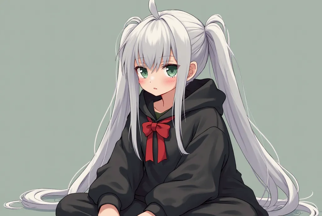 black oversized hoodie, Long white hair tied on both sides, lifeless green eyes, expressionless girl, female anime character on both cheeks,  sitting , There's nothing in my head, big red ribbon on the neck