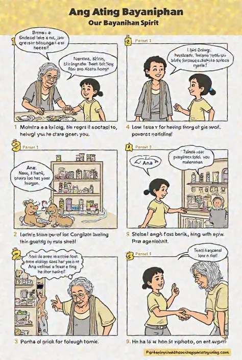 Here's a plan for a comic strip about pakikipagkapwa, focusing on a simple act of kindness, suitable for a short coupon bond.  We'll use speech bubbles to enhance the storytelling.
 
Title:  Ang Ating Bayanihan (Our Bayanihan Spirit)
 
Characters:
 
- Lola...