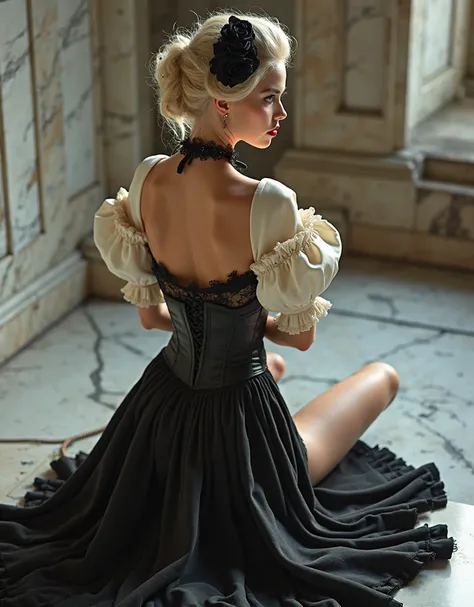 high angle , from behind, of a young swedish blonde woman model wearing a cream colored Christian Dior "Bar" corset shaped jacket (extra padding volume on the hips) with a extreme Victorian style and extravagantly large puffy sleeves, revealing a black sex...