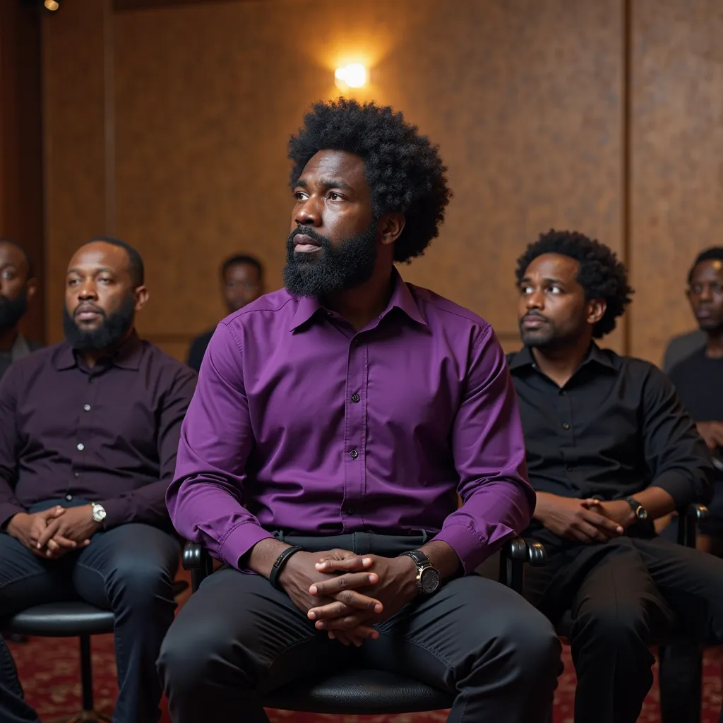  Create an image set in a conference room, of a black man, he has a black Afro and a black beard, he is wearing a purple shirt and black pants, there are other men sitting down in a circle wearing black & purple   