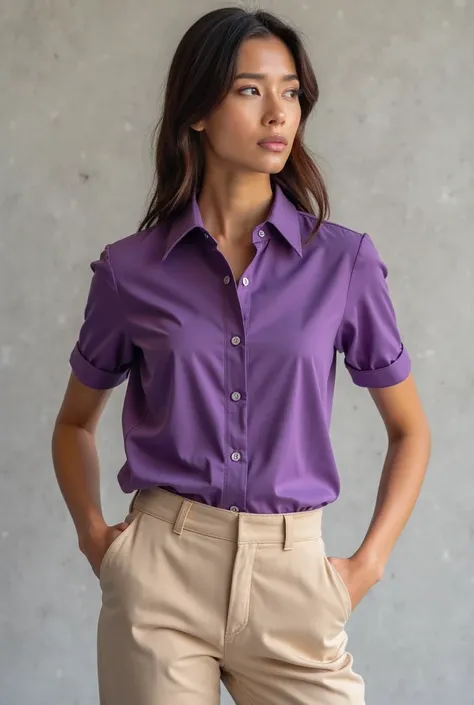 Show me a uniform that the shirt is a bright dark lilac color, The short sleeve shirt with 3 buttons on the collar and light beige pants 