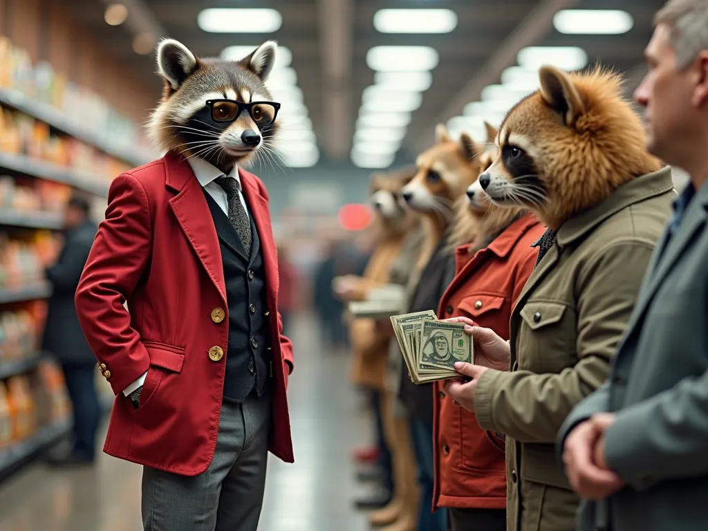 (masterpiece, best quality, 4K, 8k, ultra-high resolution, realistic: 1.2) A full-length raccoon in a store at the checkout in a red jacket with gold buttons, black vest, tie, gray trousers, white shirt and black translucent glasses. There are a lot of ani...