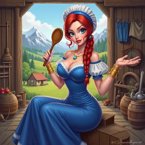  Attractive red-haired woman with blue eyes and fair skin wearing a long royal blue dress that reaches the ground ,  adorned with light blue details on the cuffs and hem .  It wears a matching white and blue hat ,  and its hair is tied up in two braids tha...