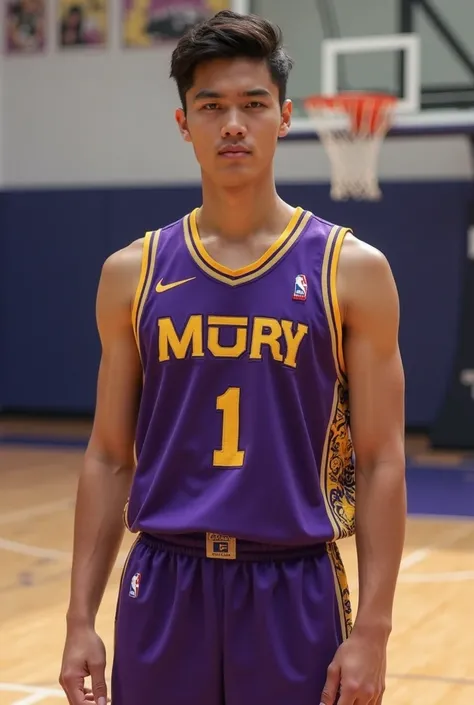 Create an unique and expensive looking basketball uniform that is Imperial Gold and Midnight Purple colors. that is worn by cute filipino handsome guy in school