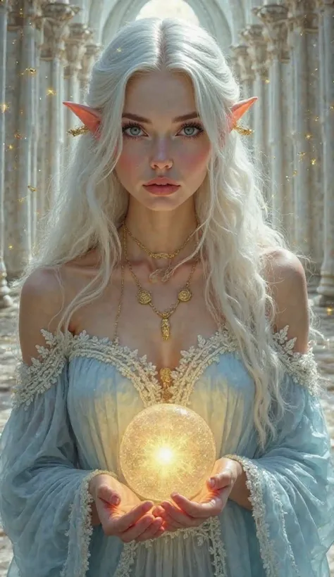 Prompt: Masterpiece, a highly detailed and ethereal portrait of a woman with long, flowing white hair that cascades down her shoulders in soft waves. She has delicate, pointed ears adorned with golden rings, giving her a mystical and otherworldly appearanc...