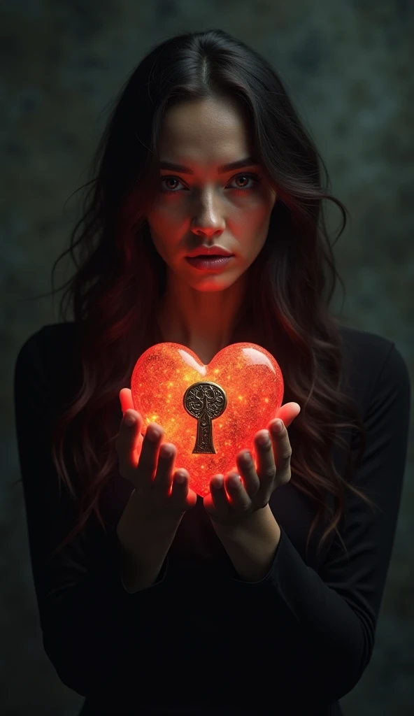 A mysterious woman stands in a dark studio, illuminated only by a soft, dramatic light that highlights her face and enigmatic expression. She delicately holds a glowing, pulsating heart in both hands, positioning it in front of her right eye, as if she wer...