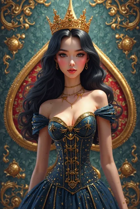 Princesse au cheveux noir et une couronne sur la tête à la peau lise  habiller en robe comme un corcet  brillant avec une grande carte de pique à larrière qualité extrêmement nette style animé

