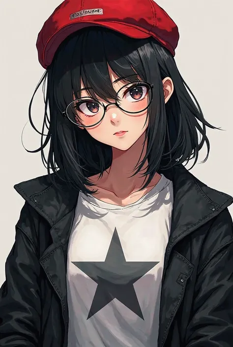 Image of black-haired woman wearing a red cap, glasses on the forehead with black jacket and t-shirt with a gray anime star