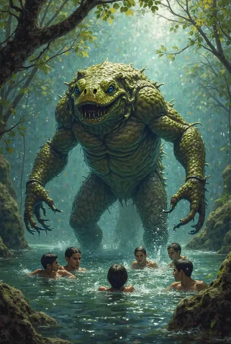 A hybrid human being with amphibian scales and frog legs swimming deep in a river going to attack teenagers swimming on the surface. 80s horror movie style, grunge texture.