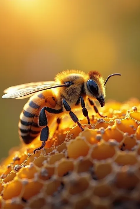 Highly detailed and realistic, pure and natural, create a realistic picture of a realistic scene. A unique moment of a smart bee standing on a real beehive in a bee farm with elegance and excellent quality, with a detailed and vibrant appearance and 3D dep...