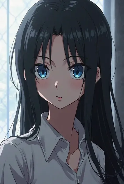 Thin woman with long black hair,sky blue eyes,white skin , features similar to Levi Ackerman.Animation style Attack on titan map.