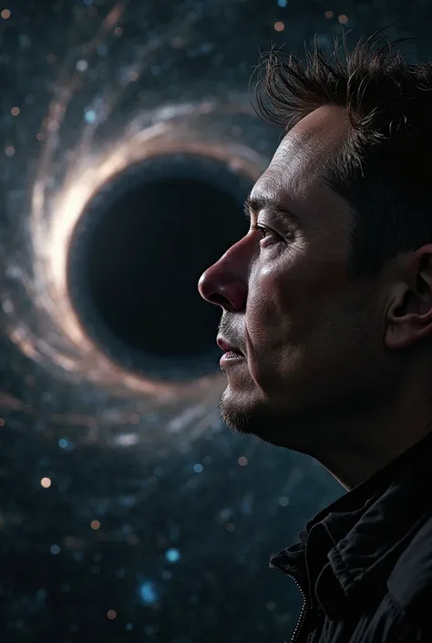 Generate a photo of Elon Musk looking at a black hole 