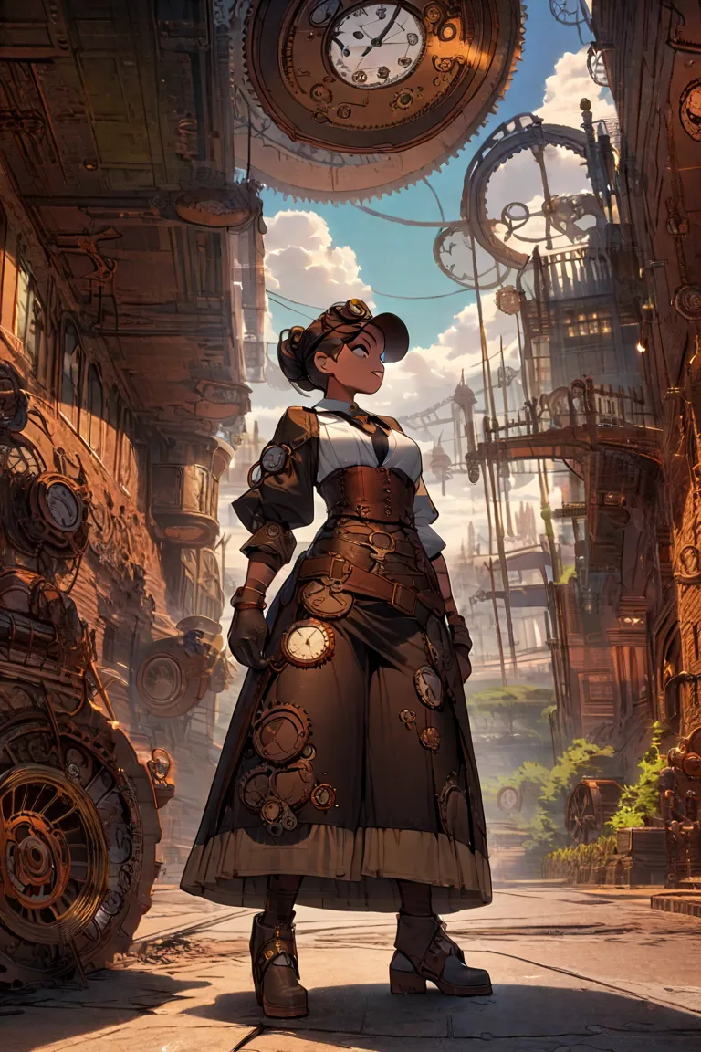 (masterpiece, TOP QUALITY:1.2),  cartoon style character design。(  best illustrations:1.2), (  masterpiece:1.2 ), (  very detailed), 8k, 16k,   wallpaper,(   steampunk:2.0) ,worn by a modern African woman standing in a steampunk atrium ( modest casual atti...