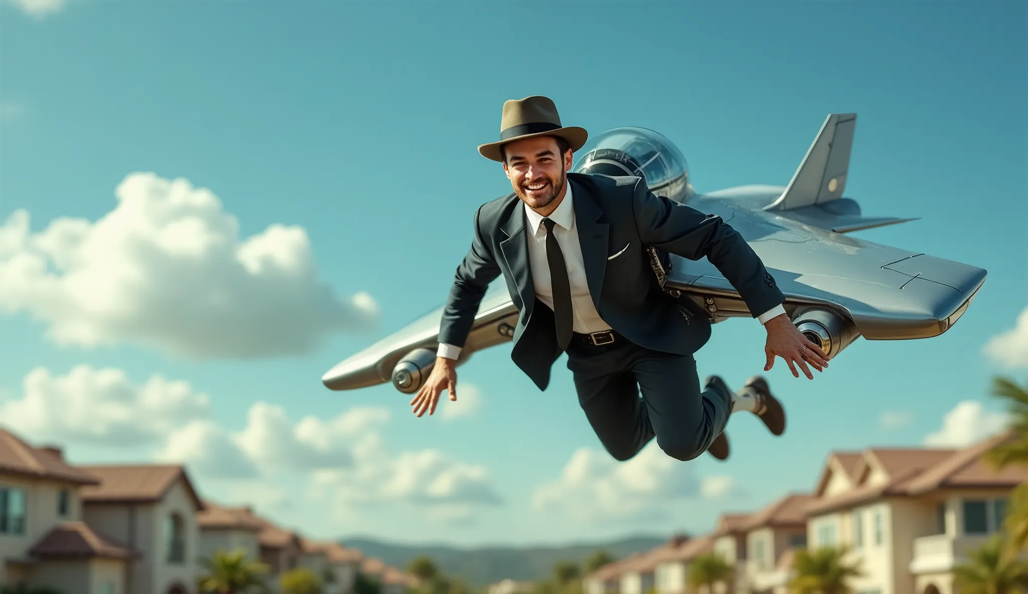 Create a hyper-realistic, photographic image of a stylish man dressed in an impeccable 1950s suit, tie, and classic 1950s hat, displaying a confident and serene expression as he soars through the sky. On the man’s back, attach an autonomous flying device c...