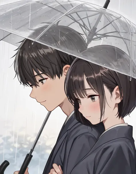 romantic portrait of a uniformed couple holding an umbrella in the rain, beautiful detailed eyes and face, soft natural lighting, muted color palette, very romantic atmosphere, (best quality, 8k, highres, masterpiece:1.2), ultra-detailed, cinematic composi...