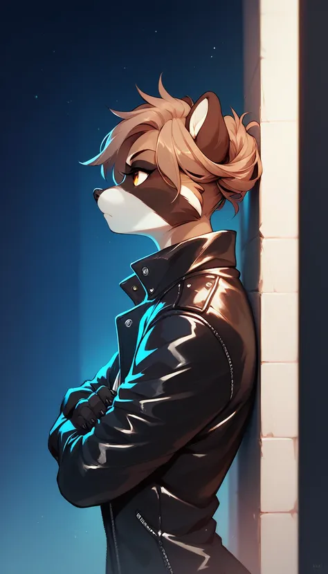 A black and white raccoon in a leather jacket, hairstyle (mane), Leaning against the wall, proud look, Powerful, with arms crossed, night low lighting.