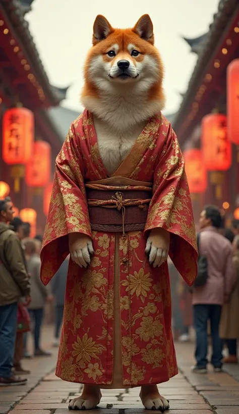 Hyper-realistic digital artwork of a colossal, majestic Shiba Inu standing in the middle of a bustling Japanese street, wearing an intricate traditional kimono with golden floral patterns. The dog's fur is luxurious and well-groomed, blending seamlessly wi...