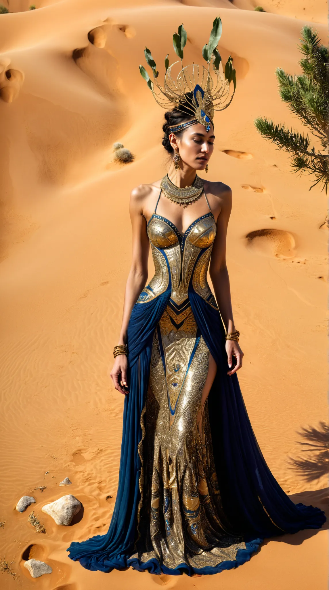 In a desert oasis where sands, celestial waters, and twilight merge, a goddess of Arabian myth emerges—her form a dance of starlight and shadow, hair like spun moonlight braided with incense smoke. The oasis ripples with arabesque mosaics and fractal palms...