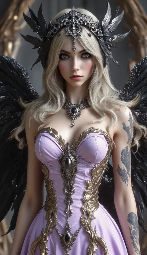 Full body image of a young woman. Chest-length blonde hair with black, The ends of the hair are black, adorned with a black and silver tiara shaped like angelic feathers. Big dark gray eyes with a little bit of blue and shaded black with gray, his gaze is ...