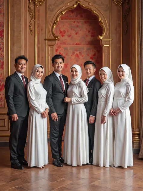 Picture 10 Indonesians, 5 handsome guys wearing suits and 5 girls wearing hijab White dresses again standing in magnificent studio lots of colorful colors Background Inscribed "CONGRATULATIONS 4K MEMBER FAMILY EDITOR BERSAMA" 