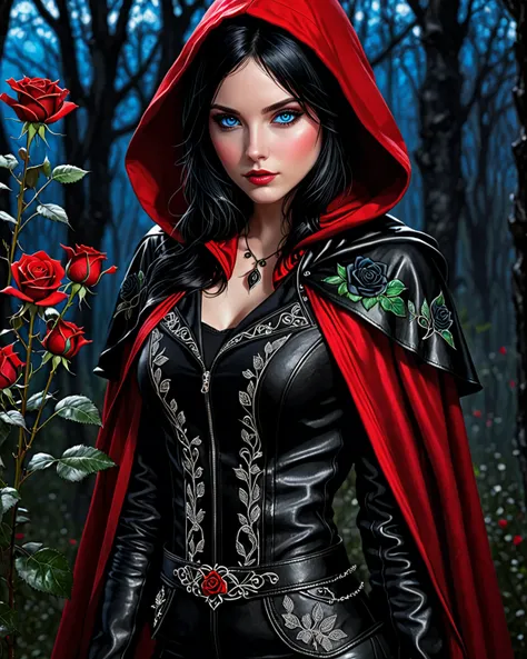 Human female, beautiful, young, blue eyes and black hair, wears black leathers, red cloak, red hood up with embrodery, hokding a black rose