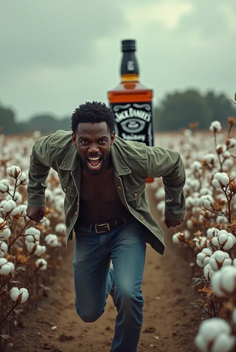 Create a bottle of Jack Daniel's that chases a black man in a cotton field