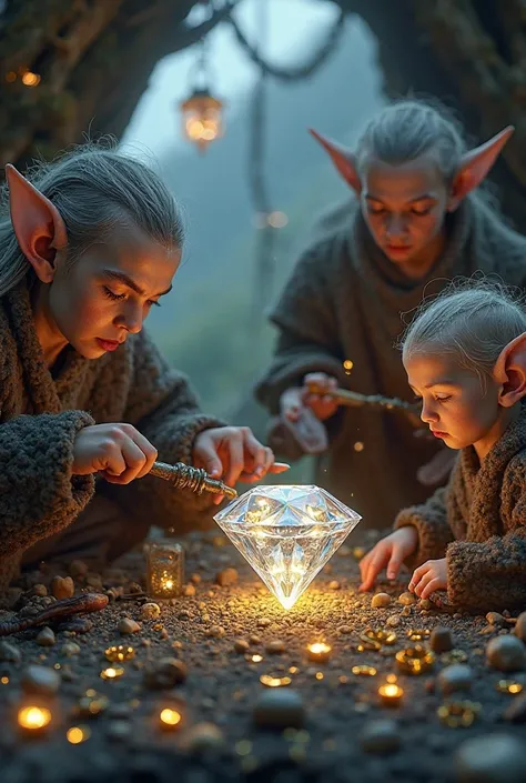 Elves with hammers and irons, carving a diamond, that there are other stones and gold rings , with glue to place the stone, that is a place in the mountains