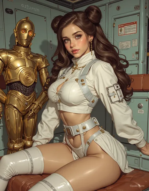 score_9, score_8_above, score_7_above, (cartoon style:1.2), Cartoon image of a beautiful woman, 1 ,  alone, Beautiful Waifu , (padmeamidala,   brown hair, ( cable case) ((Hair Princess Leia Organa))((space buns)),  brown eyes:1.3), (Arena Battle Costume fr...