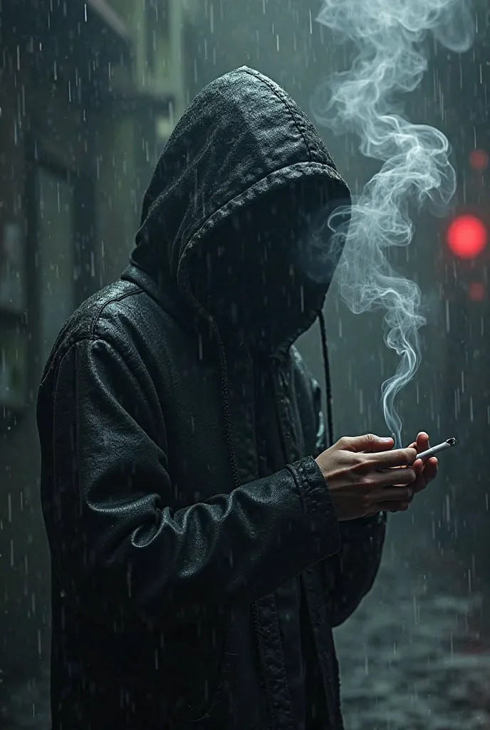 A 4k full HD 3D image of someone hooded smoking in the rain and smoke forms the name : troublesome 