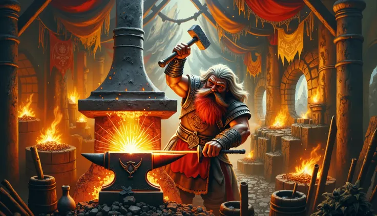 Young Viking dwarf tattooed of short stature blacksmith banging on the anvil on the side of his burning forge he is making a war axe he uses the hammer to hit the axe with this he releases sparks and axe fire on the iron hills