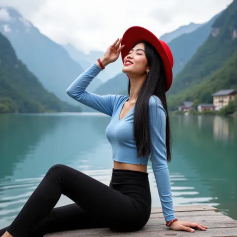 A professional photograph of a young woman sitting on a wooden pier by a serene lake, surrounded by towering green mountains with a small village nestled at their base. She has long, straight black hair flowing down her back, fair skin, and a soft, serene ...