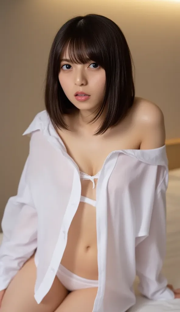 (((  low angle shot 、 biologically accurate images、    staring at the camera  :1.22,    lean forward  , loose open shirt 、    underwear))),   Japanese woman 1,     hotel room、   Indirect Lighting、 nudes, completely naked,Tongue out