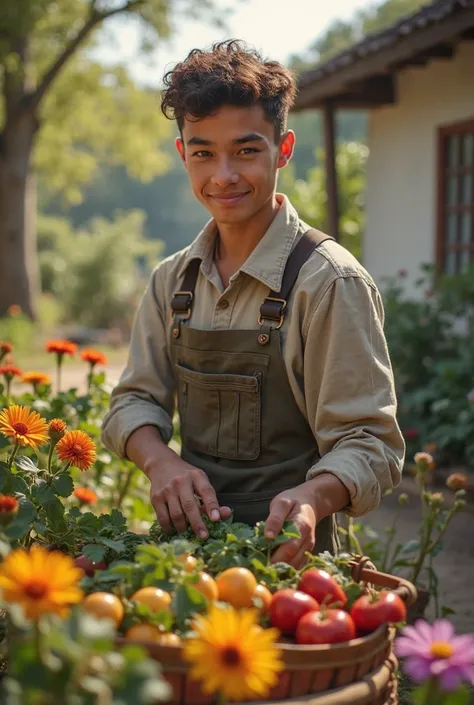 I want a male  character who obeys his parents with household chores in a scene, In the other scene he must be offering money at a church, and in the other scene he must plant fruits and flowers in the domestic garden 