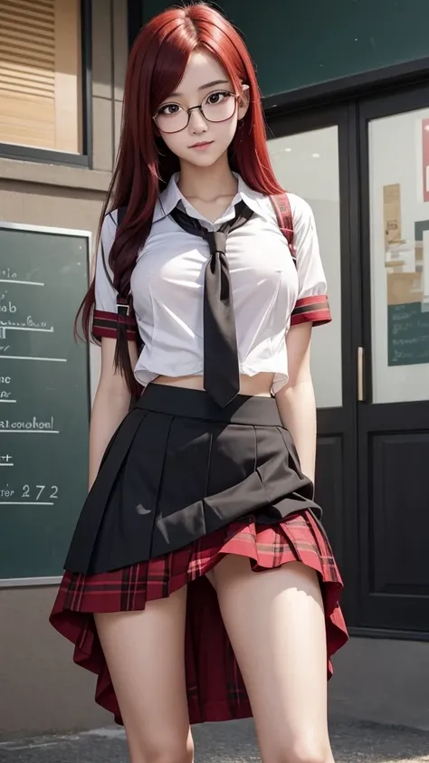 Young girl, bashful, black and red hair, skinny, glasses, loose skirt, nsfw, no panties, school girl outfit,