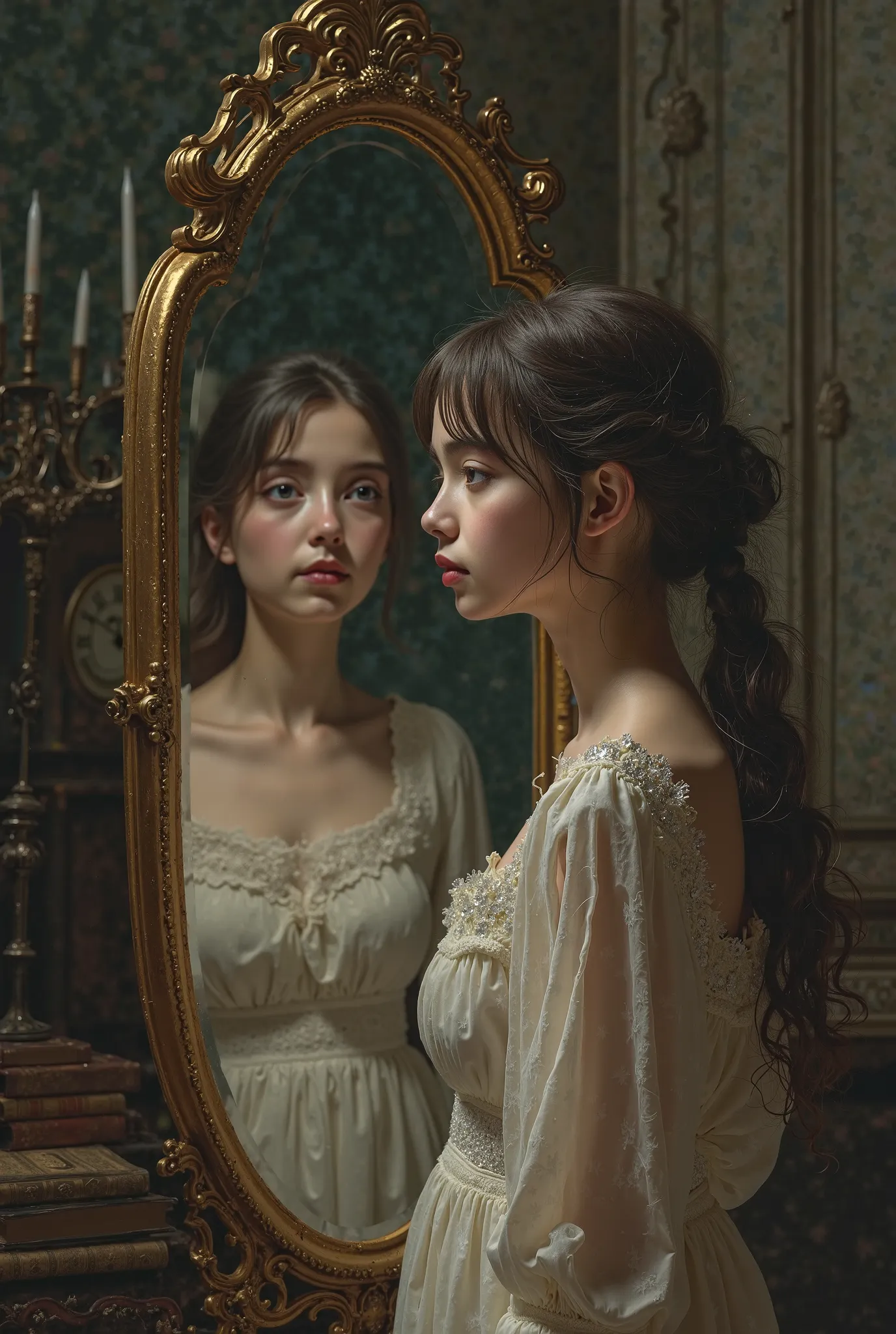 An exiquite young girl is staring at the mirror and shesees an old ugly woman in mirror as her own reflection: theme ; time is an illusion. Enjoy the beauty of life's journey