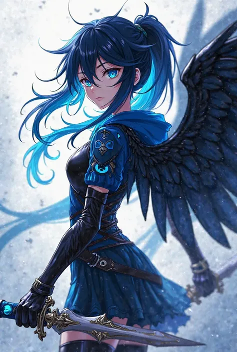 (maximum quality, best quality,  official art ,  beautiful and aesthetic :1.2)  anime girl , Crow wings on the back,  blue eyes, long flaming blue and black spiked hair, Blue Hoodie, black and blue armor holding two daggers.
