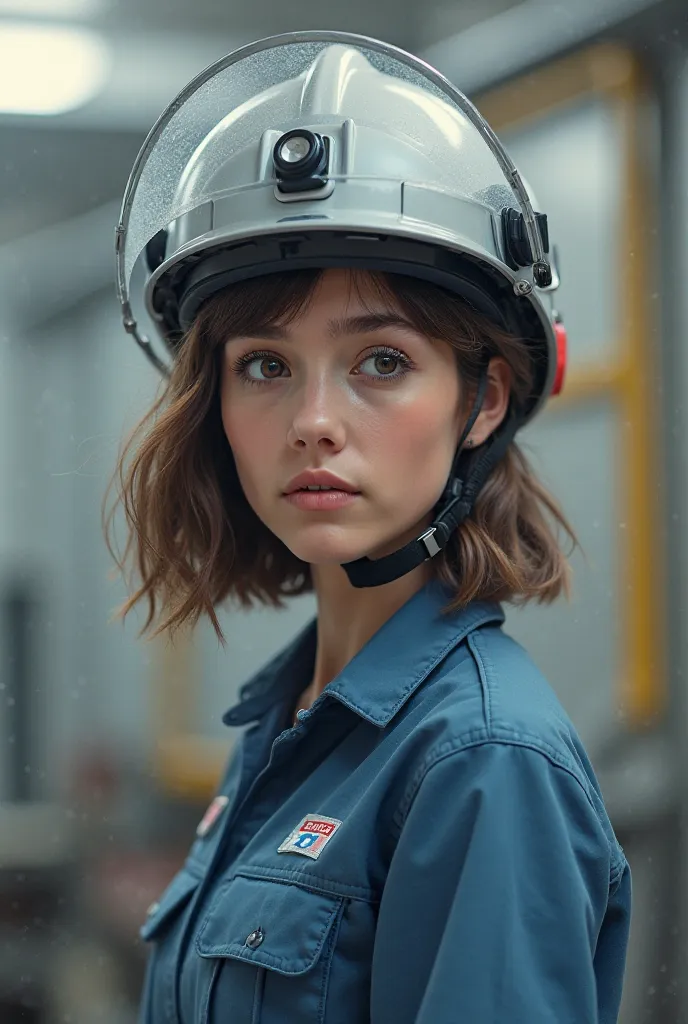 helmet Girl with short hair below the shoulder and slightly wavy, dressed as an engineer with a helmet, with a fund related to a company in the area of safety and hygiene 