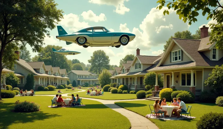 A suburban neighborhood in the 1950s with floating houses and flying cars, families enjoying picnics in perfectly manicured lawns, retrofuturistic photographic, realistic, hyper-detailed, 