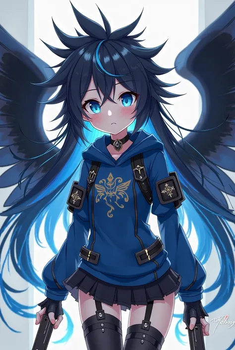 (maximum quality, best quality,  official art ,  beautiful and aesthetic :1.2)  anime girl , Crow wings on the back,  blue eyes, long flaming blue and black spiked hair, Blue Hoodie, black and blue armor holding two daggers.
