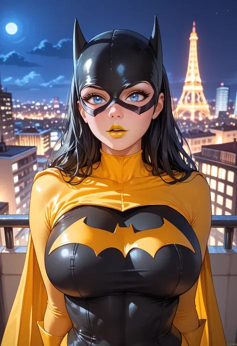 woman, big breasts, black hair, white skin, yellow lipstick, anime style, night, cartoon, mask, blue eyes, city, black costume, yellow costume, multicolored costume, 