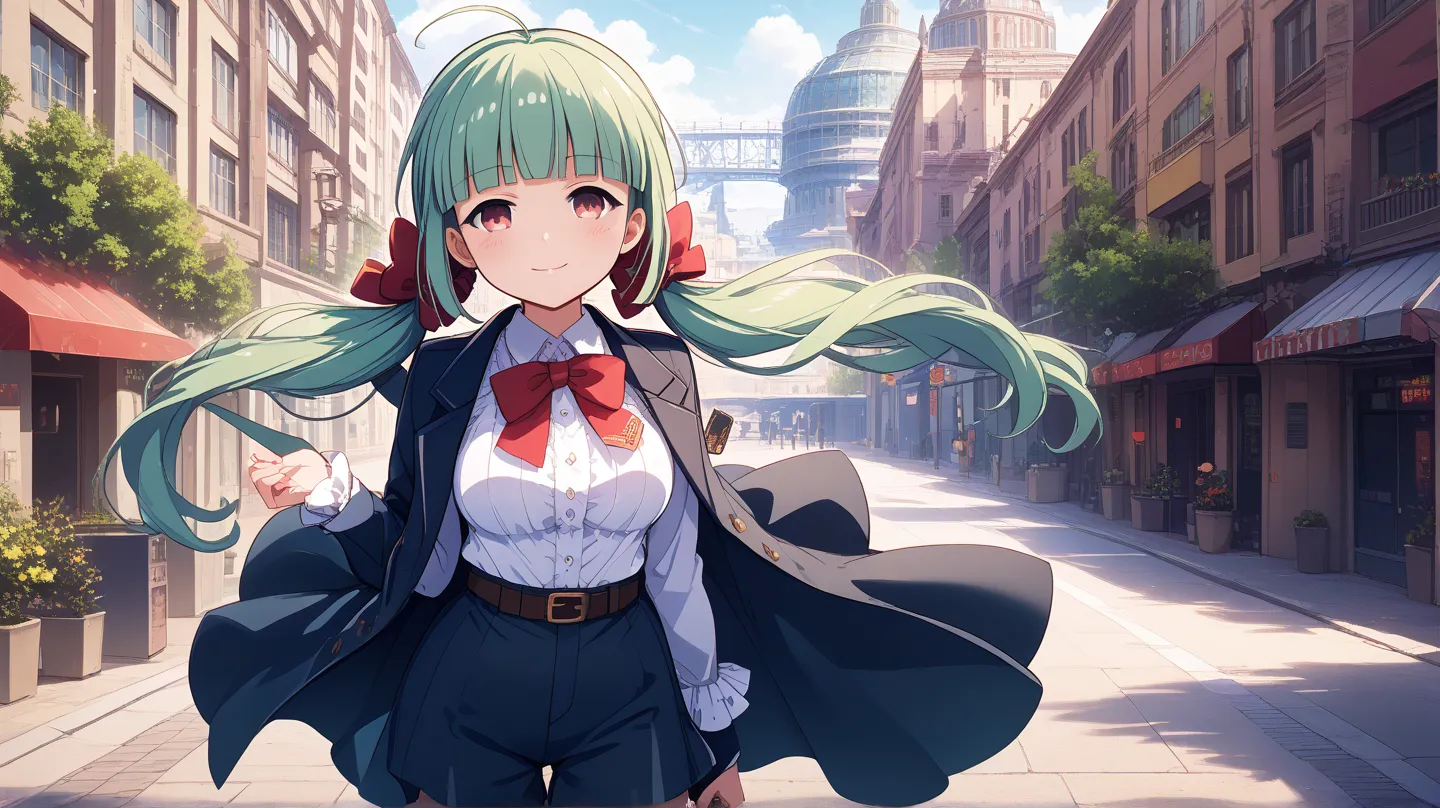 (masterpiece, best quality), highly detailed background, perfect lighting, best quality, batogasadone, solo, looking at viewer, smile, closed mouth, green hair, ahoge, low twintails, hair bow, red bow, blunt bangs, very long hair, sidelocks, red eyes, medi...