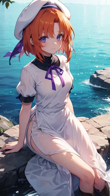  one girl，TOP QUALITY，Ultra High Definition， beautiful face，orange hair，Higurashi，Lugrena，turtleneck， White Beret ，short sleeve blue eyes， slit，brown boots， white dress，long skirt with low skin exposure， purple ribbon around neck，Short hair，water surface，s...