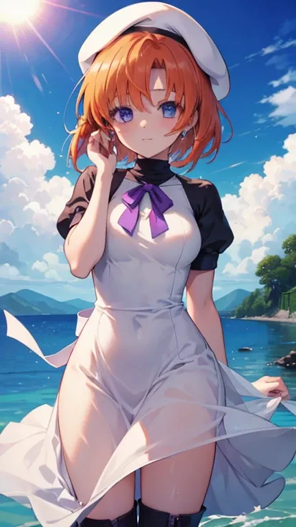  one girl，TOP QUALITY，Ultra High Definition， beautiful face，orange hair，Higurashi，Lugrena，turtleneck， White Beret ，short sleeve blue eyes， slit，brown boots， white dress，long skirt with low skin exposure， purple ribbon around neck，Short hair，water surface，s...