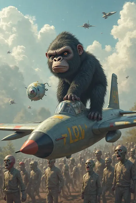 A cute gorilla straddling on top of a fighter aircraft。cute slime character on top of a cute gorilla's head。UOV is written in large letters on the aircraft。It's flying through the middle of a large and cute group of zombies。