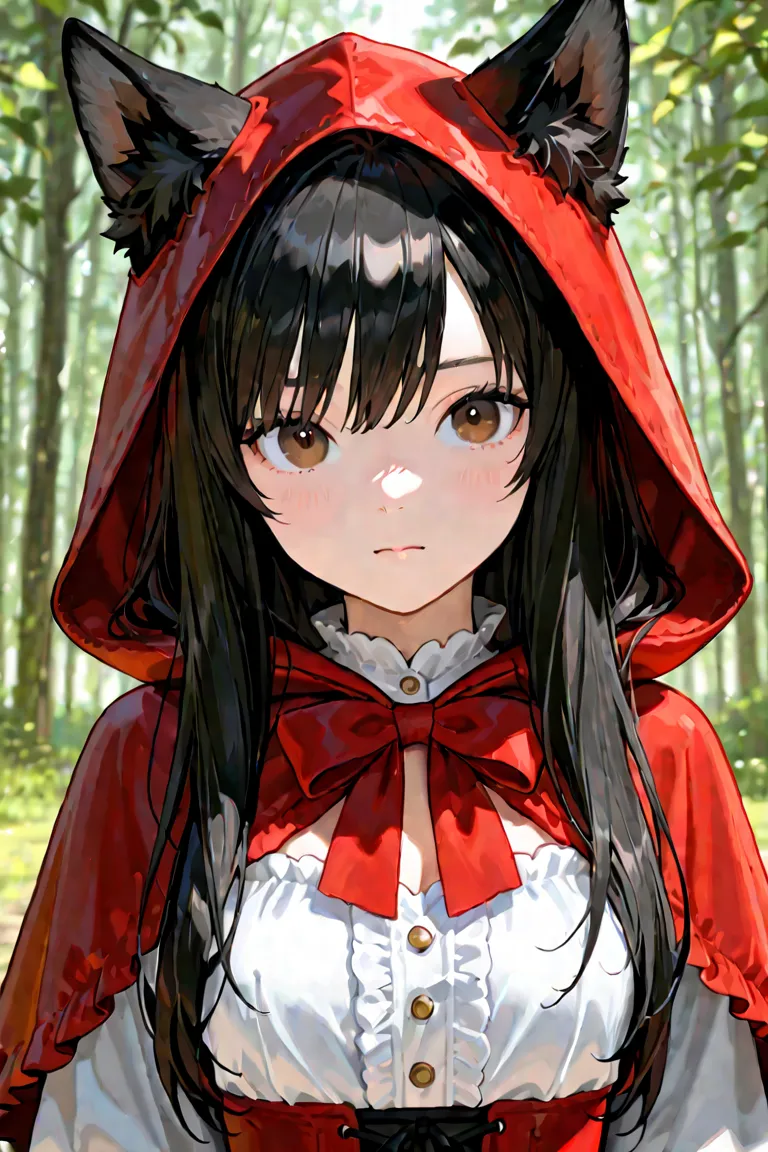 TOP QUALITY,  Ultra High Definition、fur、 wolf girl、semi-long black hair, Brown Eyes, Little Red Riding Hood, red and white costume 