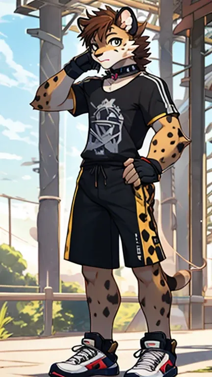  Paren , furry cheetah, golden yellow wool with black spots, eye color grey-gold, slim fit build, age 15, height 185,  short brown hair. gradient unprinted red and black t-shirt and similar long shorts, choker, earring with three feathers in the left ear, ...